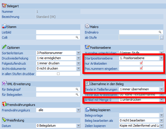 Belegarteneinstellung